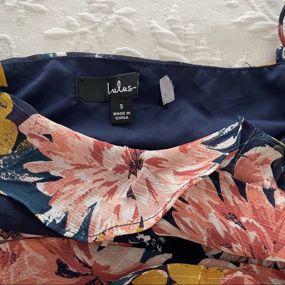 NWOT Lulu’s Stunning Soiree Navy Blue Floral Print Ruched Midi Dress - Picture 11 of 16